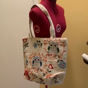 Charming Owl Embroidered Tote Bag - Cream NWOT
